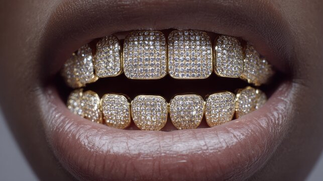 Captivating display of gold grillz with sparkling diamonds showcased elegantly in close-up under bright lighting