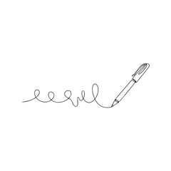 Continuous one line drawing of a pen writing a flowing line. Minimalist vector art illustration of a signature or writing concept.
