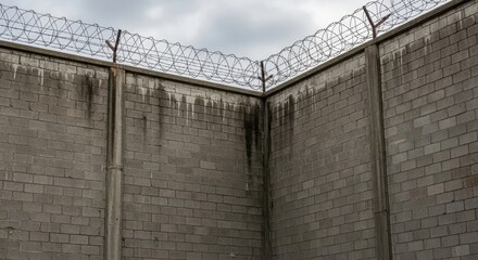Contrasting confinement composition showcasing a wall topped with sharp barbed wire security