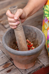 Hands pounding spices with a mortar and pestle