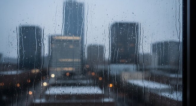 Raindrops on a window with blurred cityscape view in dim light.