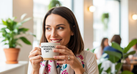 International Women's Day celebration featuring a smiling woman enjoying a cup of coffee indoors. International Women's Day mug and floral scarf add to festive atmosphere,