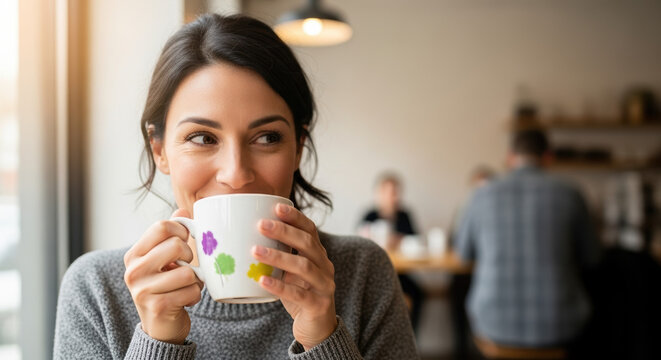 Young woman enjoying a relaxing cup of coffee in cafe. A relaxing cup of coffee brings simple joys and peace in cozy atmosphere. Mother's Day is near,