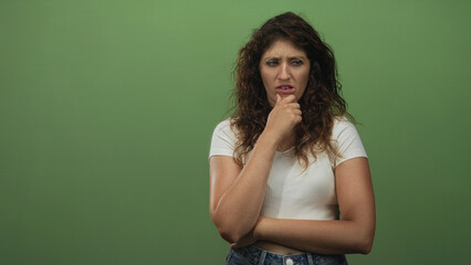 Woman in white top with hand on chin and arms crossed frowning in green studio; doubt decision...