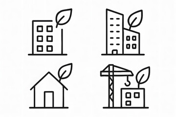 Fototapeta premium Eco-Friendly Building Icons: This collection of minimalist icons beautifully illustrates the concept of eco-friendly and sustainable architecture.