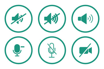 Volume Icon set. Loudspeaker Mute and unmute volume sound flat vector icons for video apps and websites. Speaker volume icon -audio voice sound symbol media music. Simple black line flat glyph vector