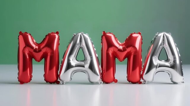 Red and silver balloon letters spelling MAMA a festive decoration for Mothers Day isolated on a green background