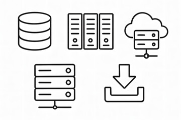 Data Infrastructure Iconography: A collection of simple, black-and-white icons illustrating the core components of modern data infrastructure, emphasizing server, cloud, and data concepts.