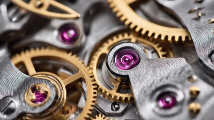 Close look at intricate watch mechanism with gears and jewels showing craftsmanship in clockmaking and engineering