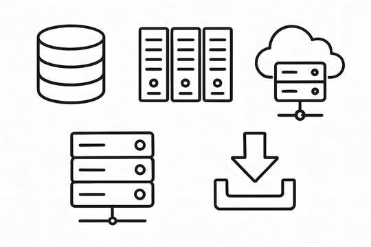 Data Infrastructure Iconography: A collection of simple, black-and-white icons illustrating the core components of modern data infrastructure, emphasizing server, cloud, and data concepts.