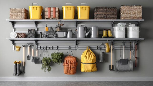 Organized garage mockup featuring high quality wall mounted storage for tools and equipment