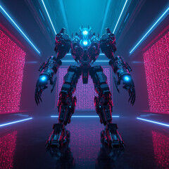 Powerful Futuristic Combat Robot Standing in Neon Sci-Fi Corridor