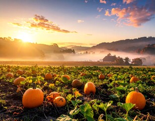 Sunrise over pumpkin patch and misty hills, autumn season