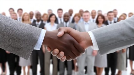 Diverse business professionals shaking hands in agreement with team behind them - Powered by Adobe