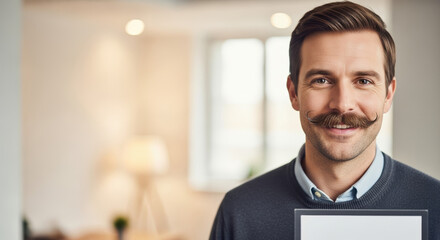 Celebrating No Shave November with portrait of man with mustache looking at camera, smiling in bright interior. Man participating in No Shave November showing off his facial hair.