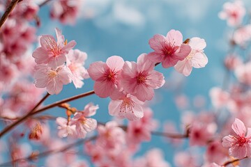 Obraz premium Close-up of delicate pink blooms set against a soft, bright blue sky with subtle wispy clouds