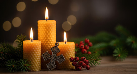 Orthodox Christmas still life features burning wax candles with warm light and a cross decoration. Celebrating Orthodox Christmas,