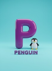 A purple letter p with a penguin and the word penguin on a light blue background