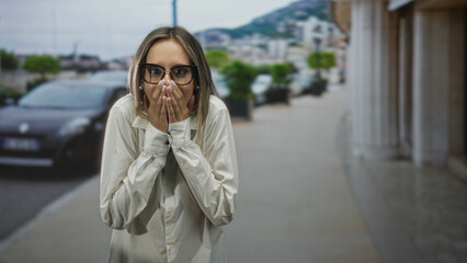 Obraz premium Woman covering mouth with hands on city street wearing glasses and white shirt, smiling while walking; surprise.