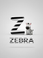 A stylized image featuring a zebra toy next to a striped letter z and the word zebra