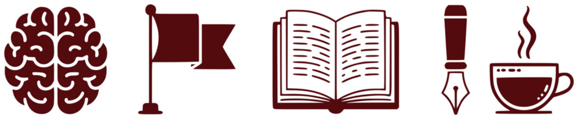 Brain, Flag, Book, Pen, and Coffee Icons Representing Ideas and Work