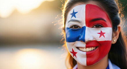 Cheerful Panama Independence Day celebration featuring woman with face painted in national flag colors. Showing spirit for Panama Independence Day, this portrait represents country's patriotic pride.