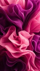 Obraz premium Wavy pink satin or chiffon fabric with flowing smooth folds. Abstract silk vertical background for celebration, elegant cosmetic design, advertising of clothing designers, couturiers or fabric stores.