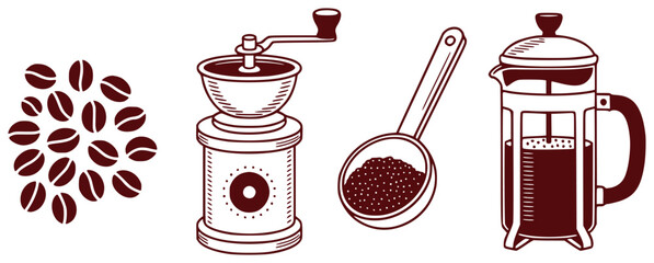 Coffee Beans, Grinder, Spoonful, and French Press Illustration