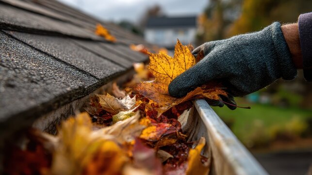 Close up of gloved hand clearing fallen leaves from roof gutter during autumn in a suburban setting