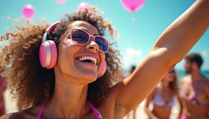 Young woman enjoys music on headphones at beach party. She wears sunglasses and bikini smiling with raised arm. People relax on sunny day at seaside with balloons. Friends have fun in background.