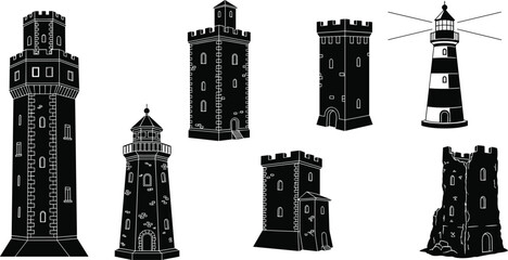 Tower silhouettes, lighthouse icons, medieval architecture, striped beacon, rocky base, black vector, building design, historical structure, coastal art, illustration clipart