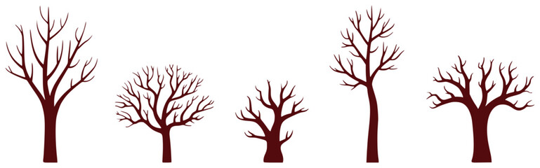 Collection of five bare deciduous trees in silhouette, isolated on white