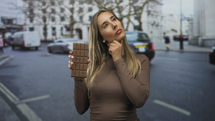 Obraz premium Hispanic young blonde woman holding large chocolate bar with hand on chin on busy city street outdoors; contemplation.