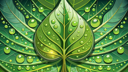 Detailed macro view of leaf veins beaded with dew droplets, creating captivating natural symmetry. Rich green palette ideal for eco branding, wellness imagery, spa visuals, and organic design themes