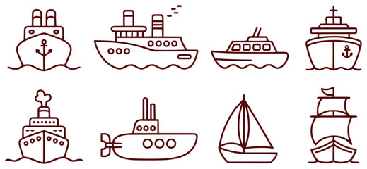 Collection of Line Art Icons Representing Various Types of Ships and Boats