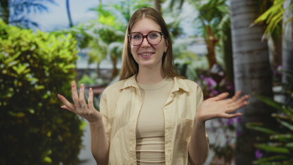 Smiling woman wearing a beige shirt with clasped hands under lush foliage in a forest setting;...