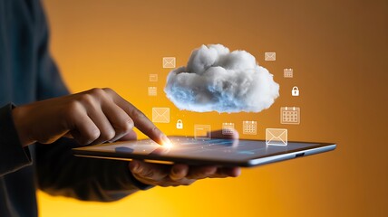 cloud computing technology with digital icons floating above tablet device