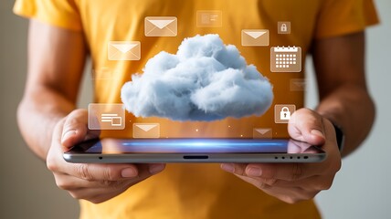 cloud computing technology with digital icons floating above tablet device