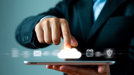 cloud computing interface with business icons accessed through digital tablet