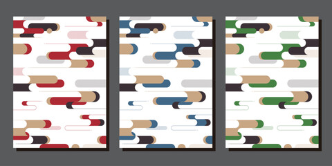 Aサイズ縦型の和モダンな背景素材：日本の伝統的な文様の霞のある風景イラスト。青・赤・緑の3枚セット