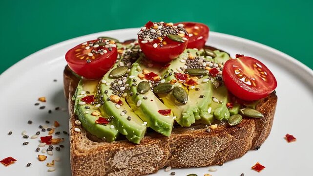 Fresh avocado toast creamy green slices vibrant red cherry tomatoes pumpkin seeds chia seeds whole grain bread white plate emerald green background