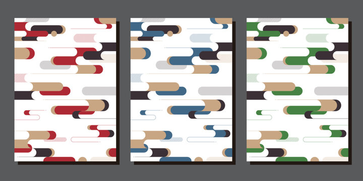 Aサイズ縦型の和モダンな背景素材：日本の伝統的な文様の霞のある風景イラスト。青・赤・緑の3枚セット