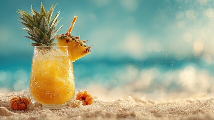 Enjoy a tropical pineapple drink on a sunny beach with sparkling ocean waves in the background