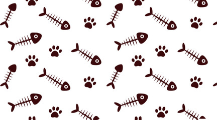 Cute Cat Paw Prints and Fish Bones Seamless Pattern Background