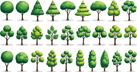 Tree, illustration, foliage, green, nature, vector, design, forest, plant, leaf, trunk, shape, landscape, environment, botanical, garden, diverse, stylized, isolated, set