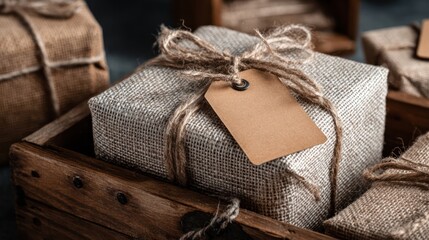 Close-up of rustic gifts wrapped in burlap and kraft paper in a wooden crate with blank tag, ideal for eco-friendly and personalized holiday themes