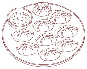 Delicious Dumplings and Dipping Sauce on a Plate - Line Art