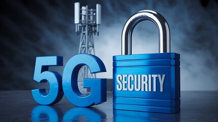 5g network security protection with communication tower and digital padlock