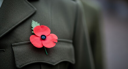 Remembrance Day symbolized by poppy on army uniform, seen in close up shot to commemorate veterans. Remembrance Day with symbolic poppy flower and green leaf displayed on olive military clothing.