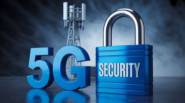 5g network security protection with communication tower and digital padlock
